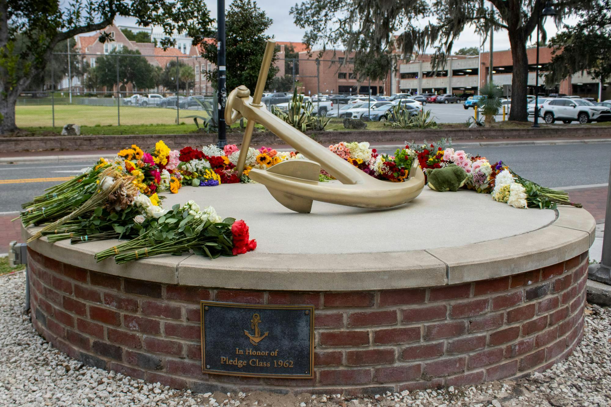 Flowers were laid outside the Delta Gamma house, Sunday, Oct. 25, 2026, in Gainesville, Fla.