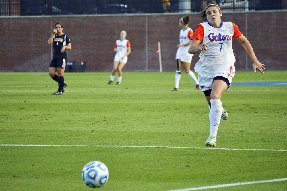 <p>Savannah Jordan chases after the ball during Florida's 3-0 win against Mercer on Sunday at Donald R. Dizney Stadium.</p>