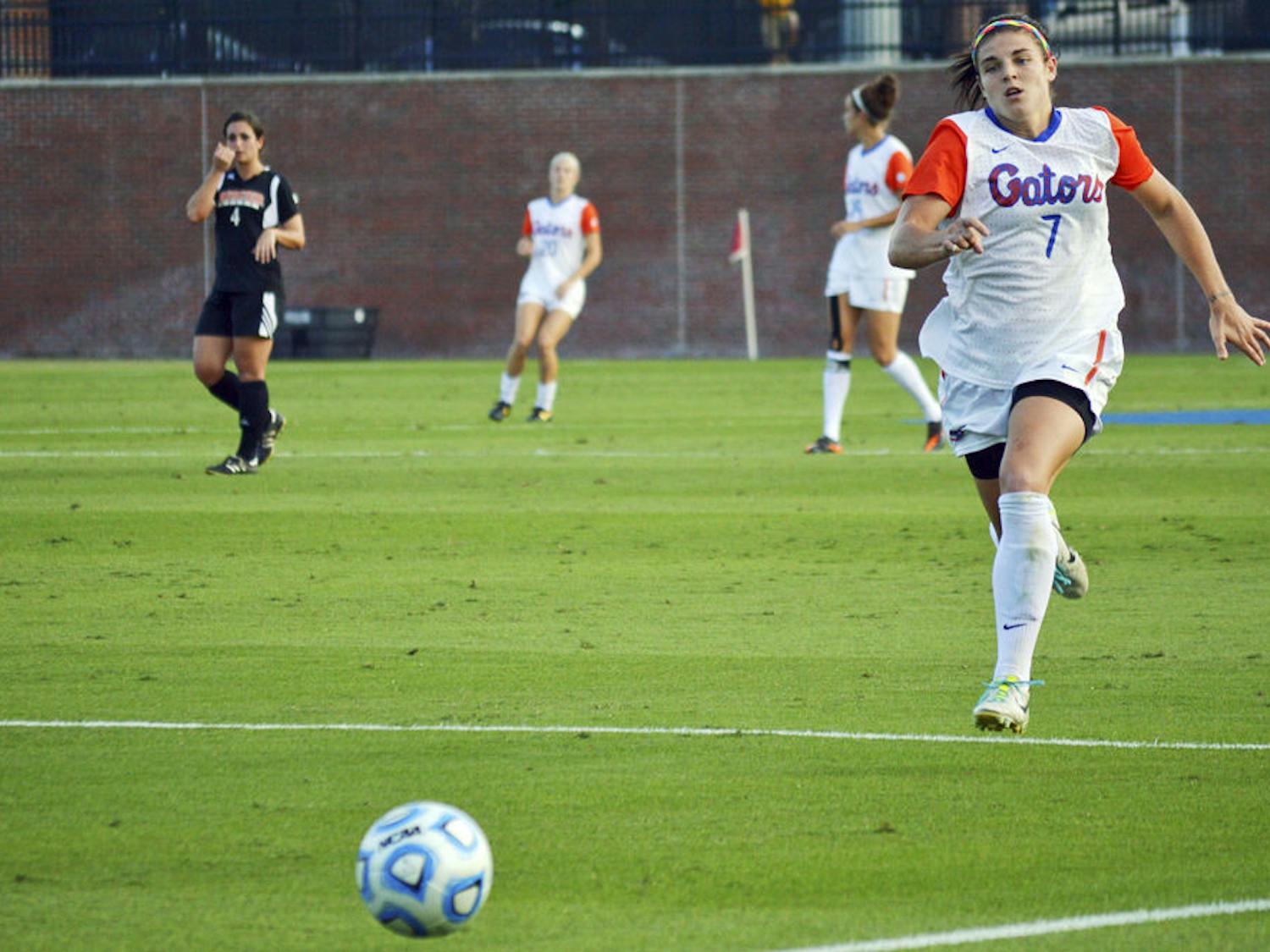 Savannah Jordan chases after the ball during Florida's 3-0 win against Mercer on Sunday at Donald R. Dizney Stadium.