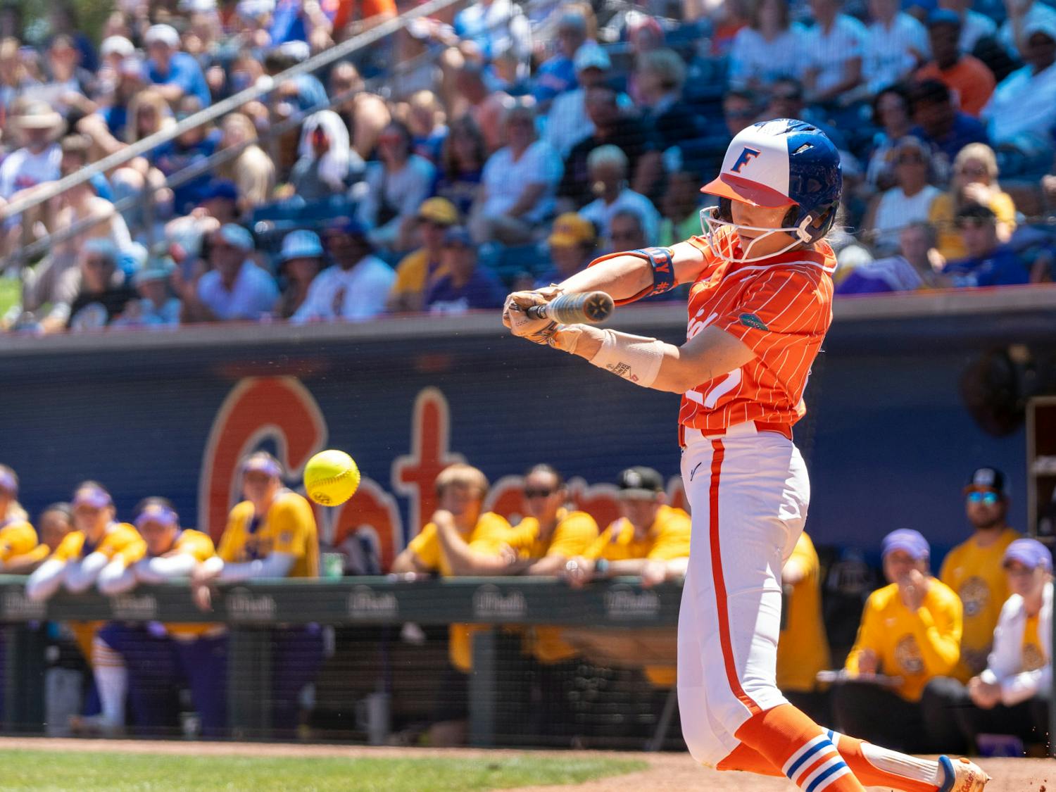 Kendra Falby swings at a pitch in the Gators softball team's loss to the LSU Tigers on Sunday, April 7, 2024. 