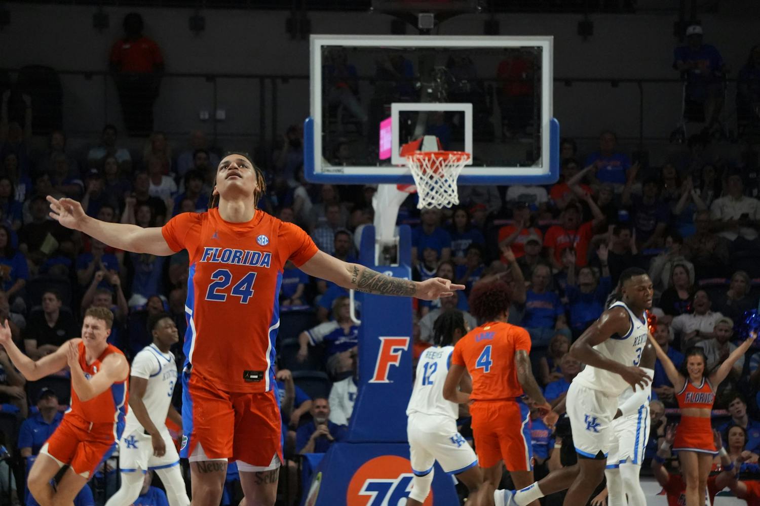 Florida guard Riley Kugel celebrates a 3-pointer in the Gators' 82-74 loss to the Kentucky Wildcats Wednesday, Feb. 22, 2023.