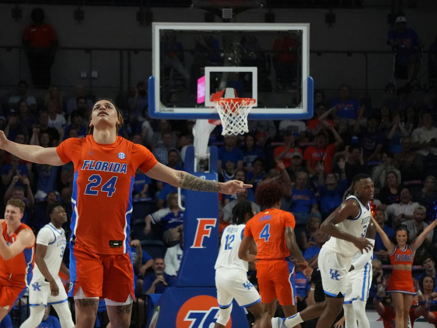 Florida guard Riley Kugel celebrates a 3-pointer in the Gators' 82-74 loss to the Kentucky Wildcats Wednesday, Feb. 22, 2023.