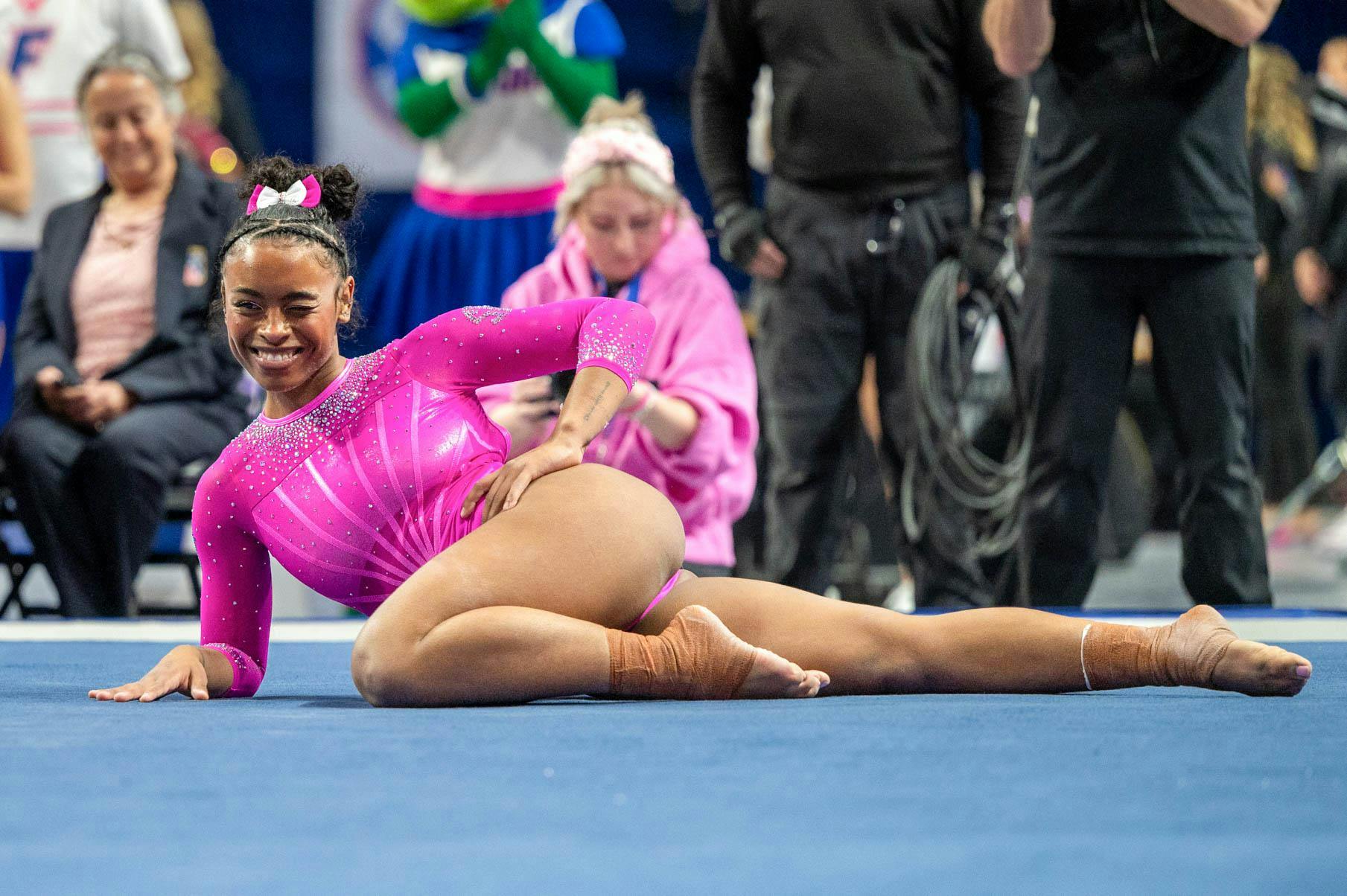 Florida gymnast Selena Harris-Miranda performs on the floor during an NCAA gymnastics meet against Oklahoma, Friday, Feb. 13, 2026, in Gainesville, Fla.