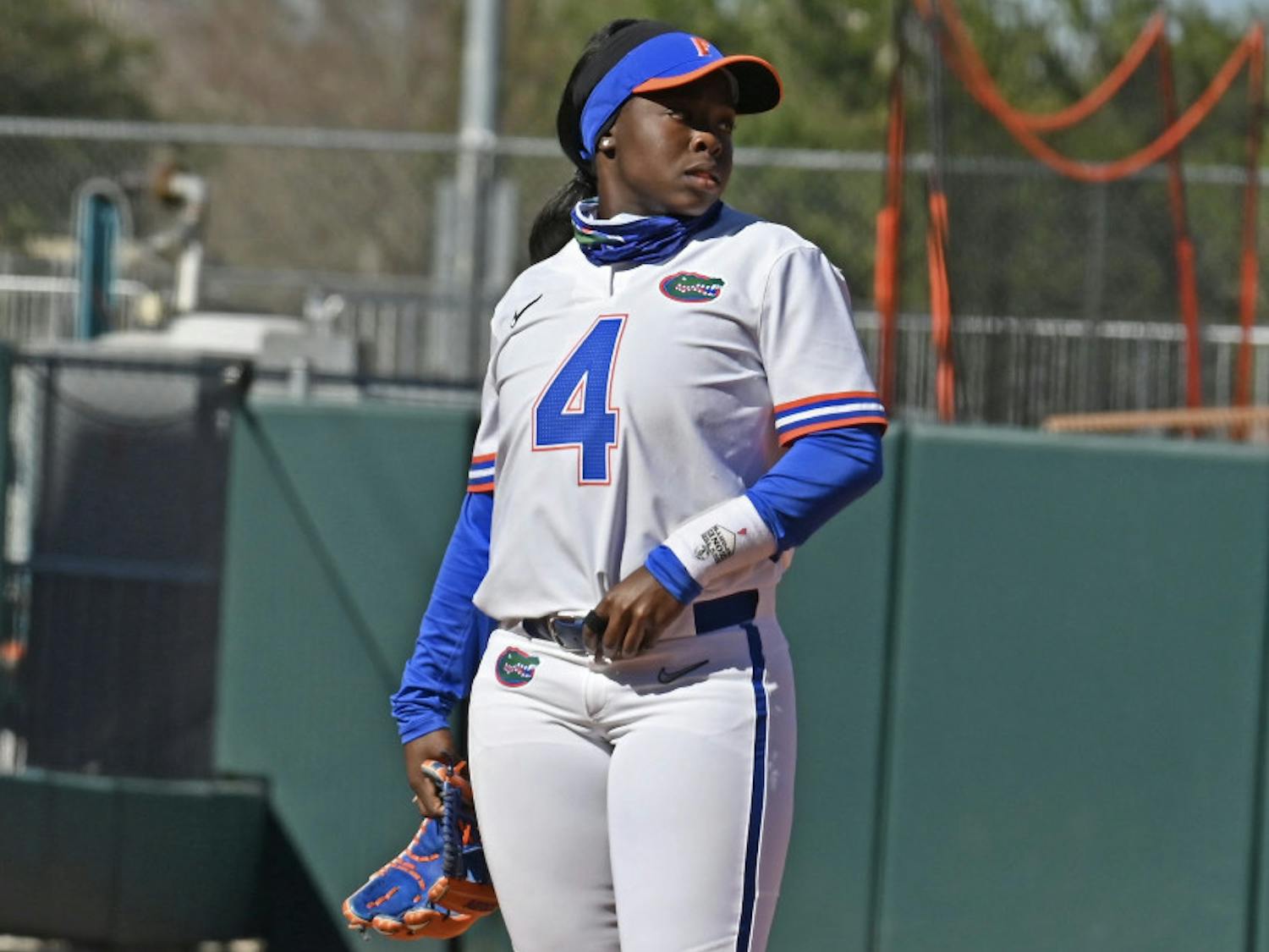 Charla Echols at third base against Charlotte on Feb. 20. The Michigan State transfer roped her first hit in four games over the right-center field wall.