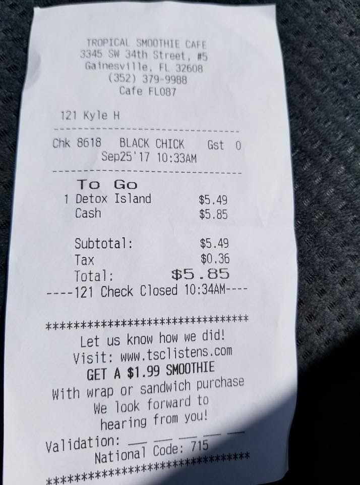 Cassandra Peoples, a 47-year-old Gainesville resident, found the words "Black Chick" written in place of her name on her receipt&nbsp;on Wednesday&nbsp;morning after shopping at Tropical Smoothie Cafe, located at&nbsp;3345 SW 34th St.