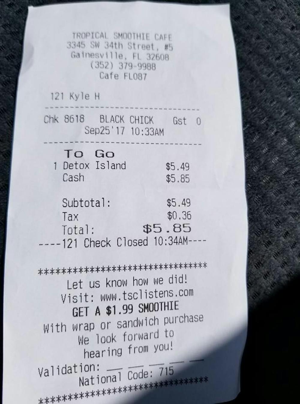 <p><span>Cassandra Peoples, a 47-year-old Gainesville resident, found the words "Black Chick" written in place of her name on her receipt&nbsp;</span><span class="aBn" data-term="goog_2086986432"><span class="aQJ">on Wednesday</span></span><span>&nbsp;morning after shopping at Tropical Smoothie Cafe, located at&nbsp;</span>3345 SW 34th St<span>.</span></p>