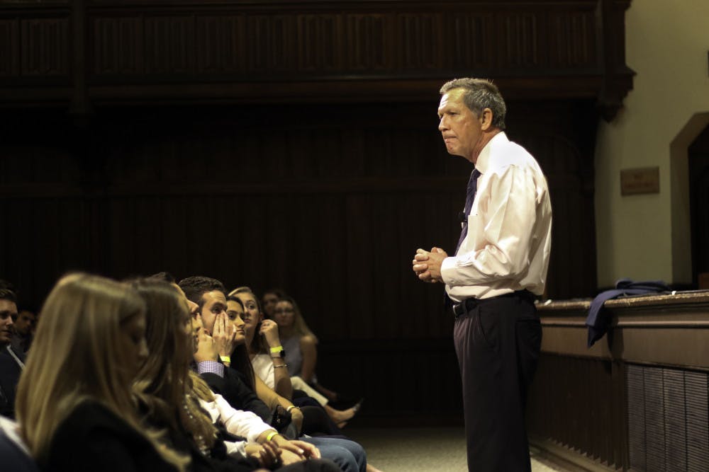 John Kasich, former governor of Ohio and presidential candidate, speaks to around 800 people Wednesday in the University Auditorium at UF. Kasich spoke about lessons that he had learned throughout his life and encouraged students in the audience to try and impact the world in any way they can. “Search for possibilities,” he said. “Don’t close your minds to what you can do.” After the speech, he took questions from the audience. 