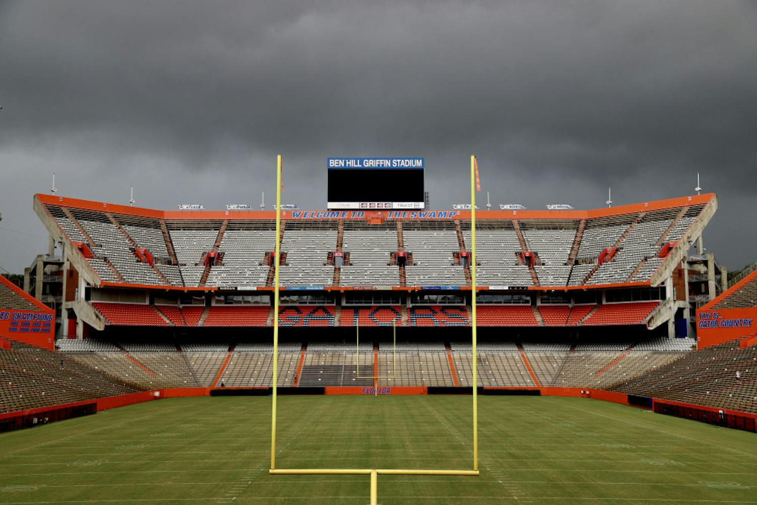 An empty Ben Hill Griffin Stadium under an overcast sky. City Commissioner David Arreola wrote the UF Board of Trustees Monday, urging them to not allow fans at this year's home football games.