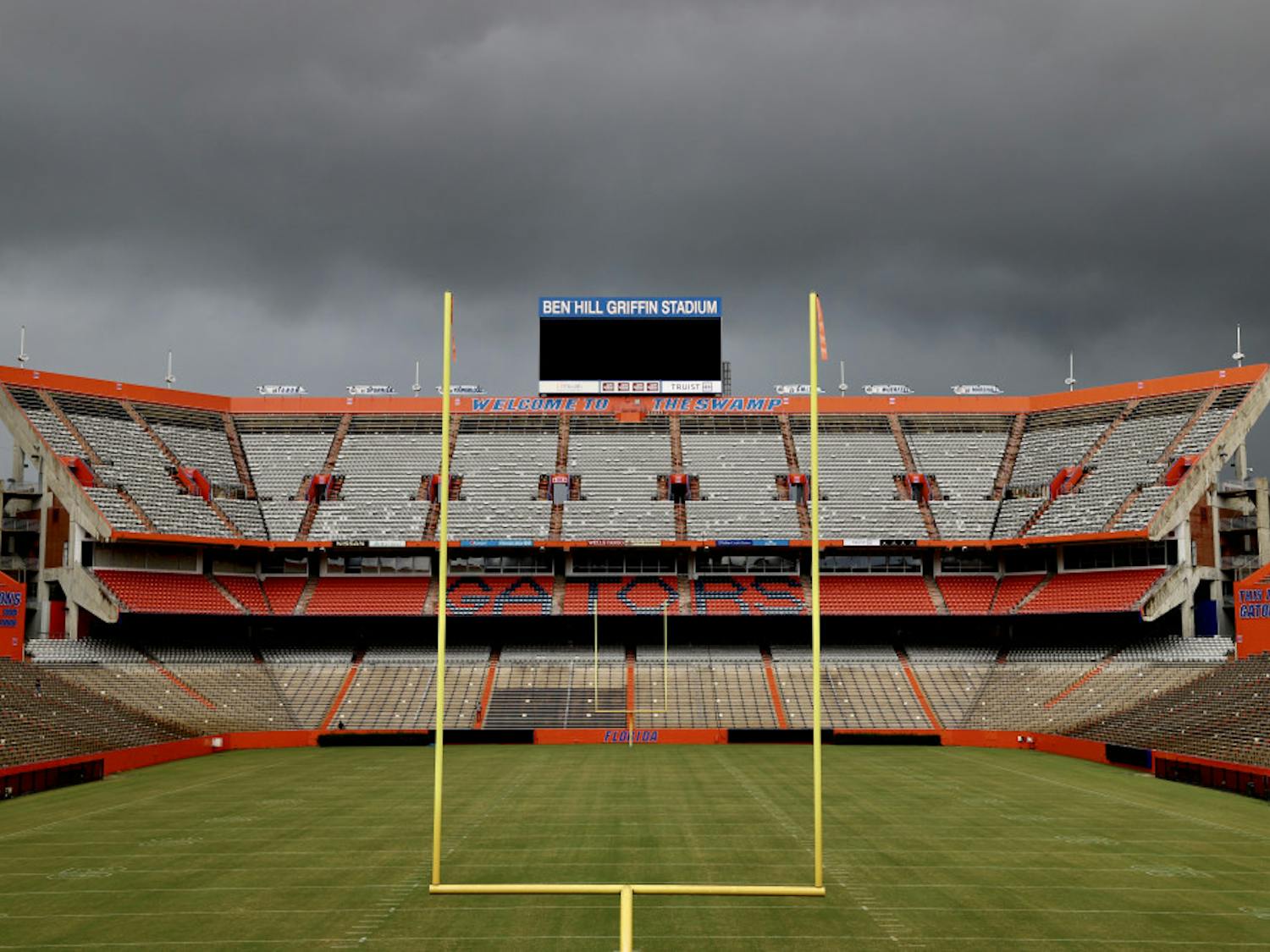 An empty Ben Hill Griffin Stadium under an overcast sky. City Commissioner David Arreola wrote the UF Board of Trustees Monday, urging them to not allow fans at this year's home football games.