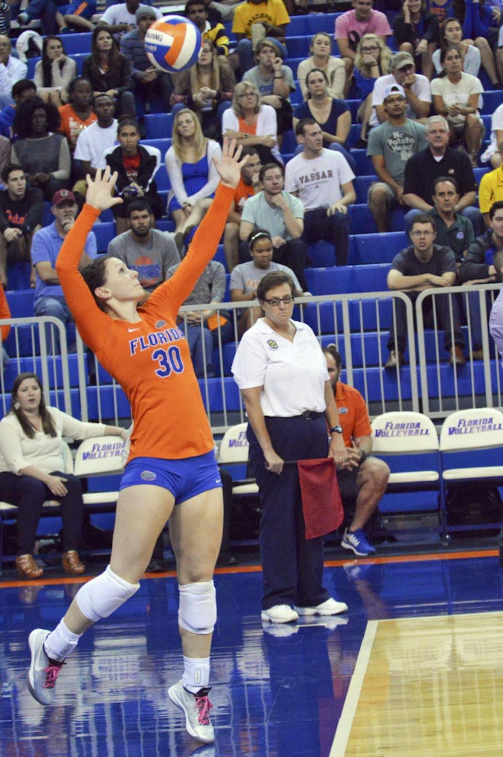 <p>Holly Pole serves during Florida's 3-0 win against Missouri on Oct. 24 in the O'Connell Center</p>
