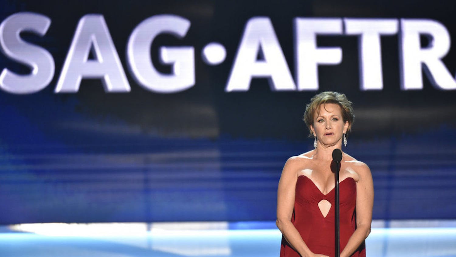 SAG-AFTRA President Gabrielle Carteris speaks at the 24th annual Screen Actors Guild Awards at the Shrine Auditorium &amp; Expo Hall on Sunday, Jan. 21, 2018, in Los Angeles. (Photo by Vince Bucci/Invision/AP)