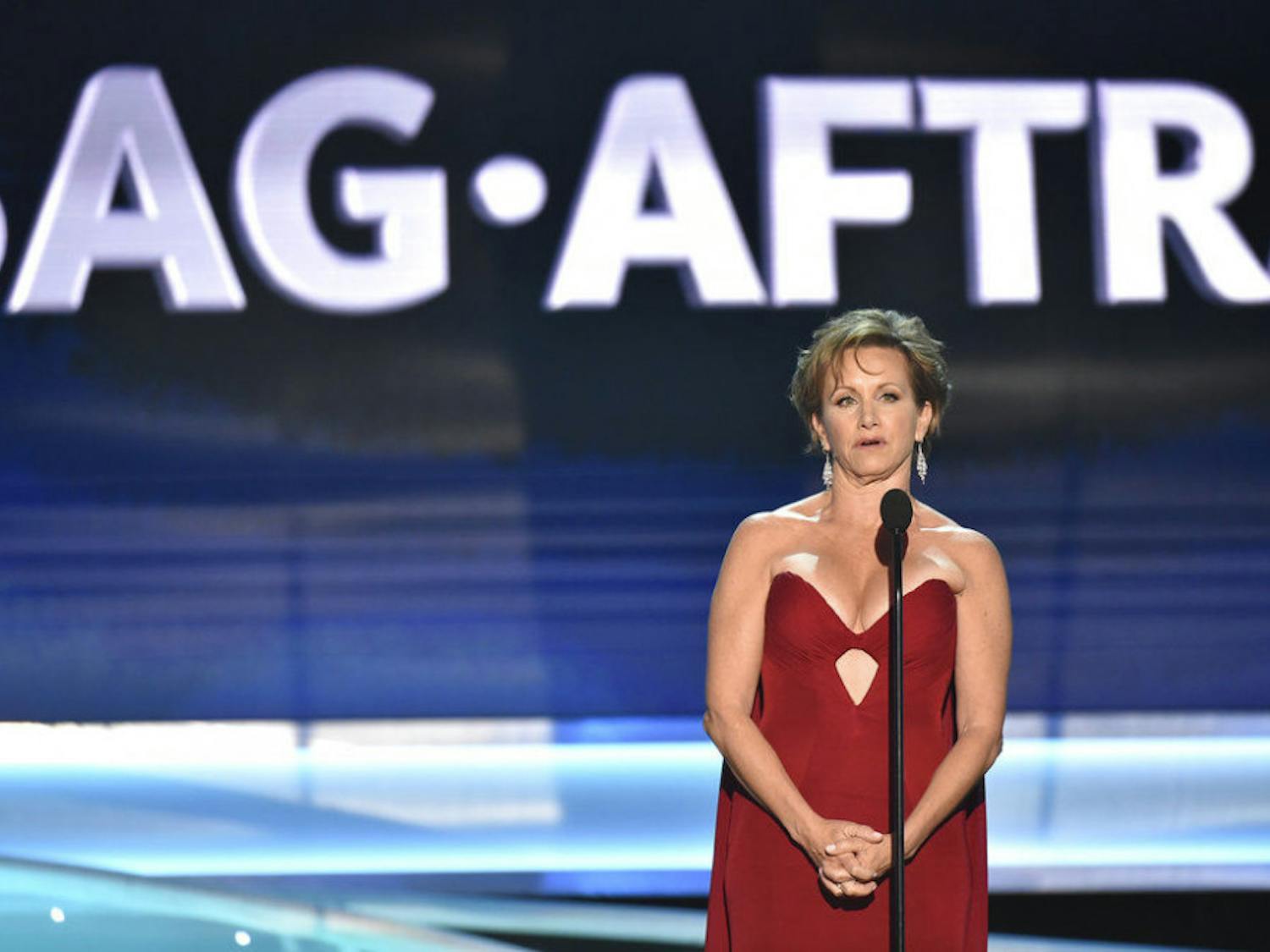 SAG-AFTRA President Gabrielle Carteris speaks at the 24th annual Screen Actors Guild Awards at the Shrine Auditorium &amp; Expo Hall on Sunday, Jan. 21, 2018, in Los Angeles. (Photo by Vince Bucci/Invision/AP)