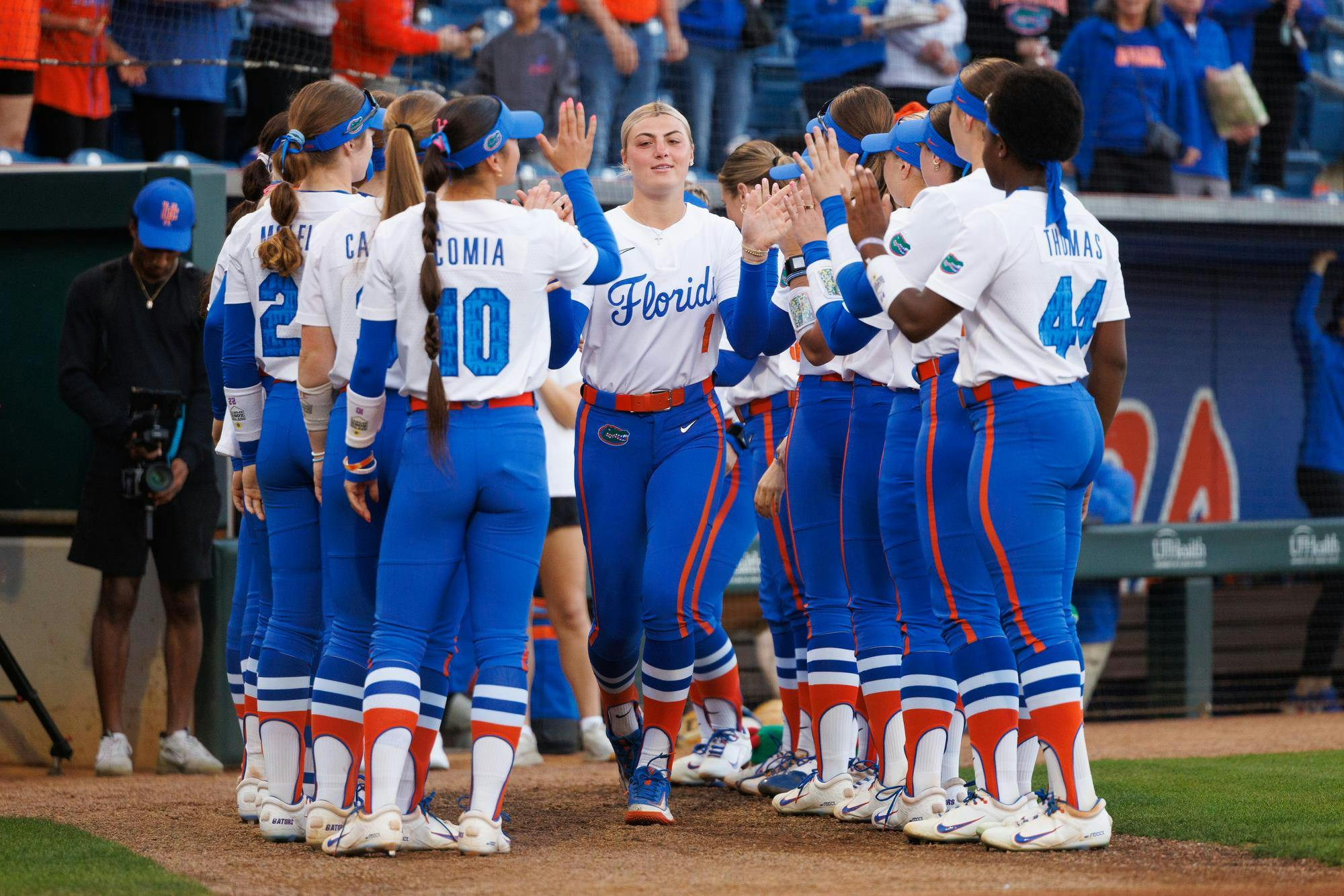 Florida Gators right handed pitcher Caroline Stanton is inroduced before an NCAA softball game against Jacksonville, Wednesday, Feb. 11, 2026, in Gainesville, Fla.