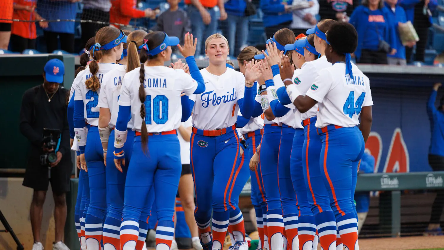 Florida Gators right handed pitcher Caroline Stanton is inroduced before an NCAA softball game against Jacksonville, Wednesday, Feb. 11, 2026, in Gainesville, Fla.