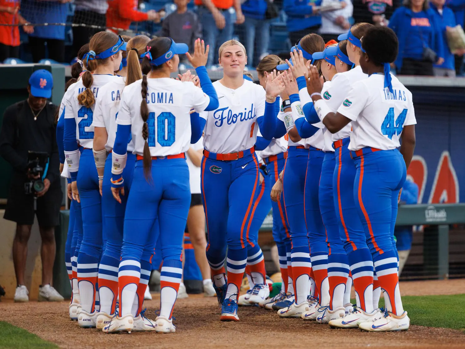 Florida Gators right handed pitcher Caroline Stanton is inroduced before an NCAA softball game against Jacksonville, Wednesday, Feb. 11, 2026, in Gainesville, Fla.