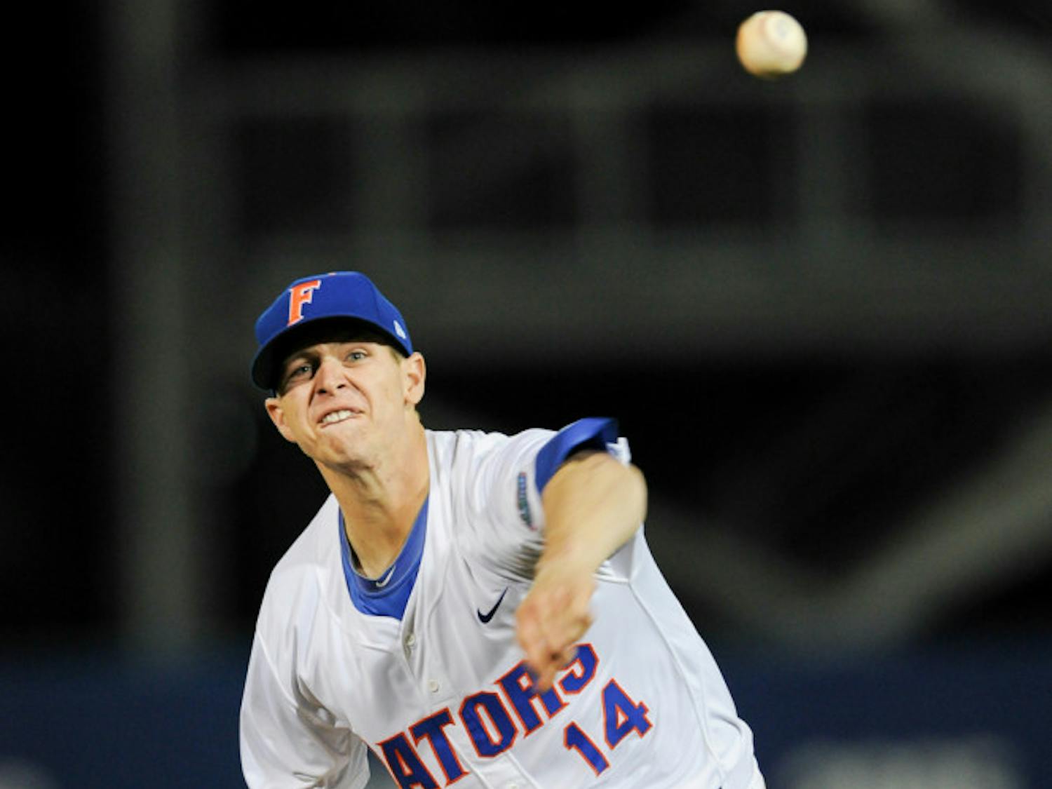 Bobby Poyner pitches during Florida’s 4-0 win against Maryland on Feb. 14 at McKethan Stadium.