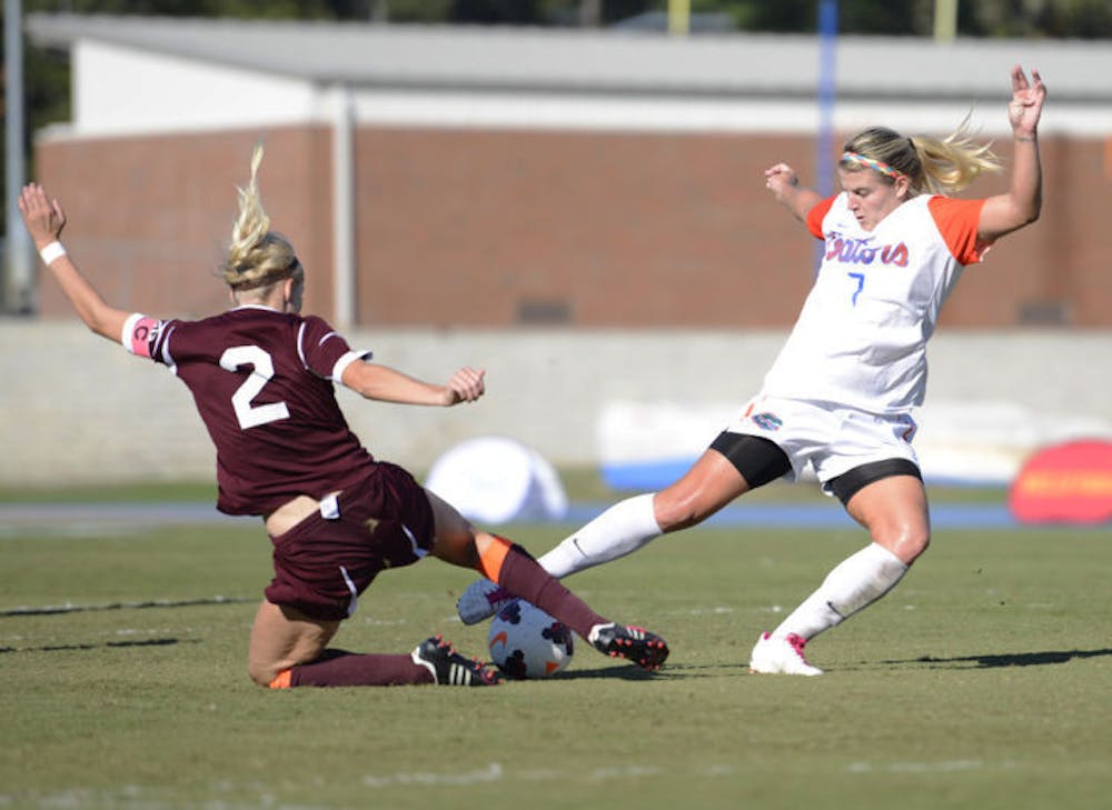 <p>Savannah Jordan battles for the ball during Florida’s 2-0 victory against Texas A&amp;M on Oct. 27 at James G. Pressly Stadium.</p>