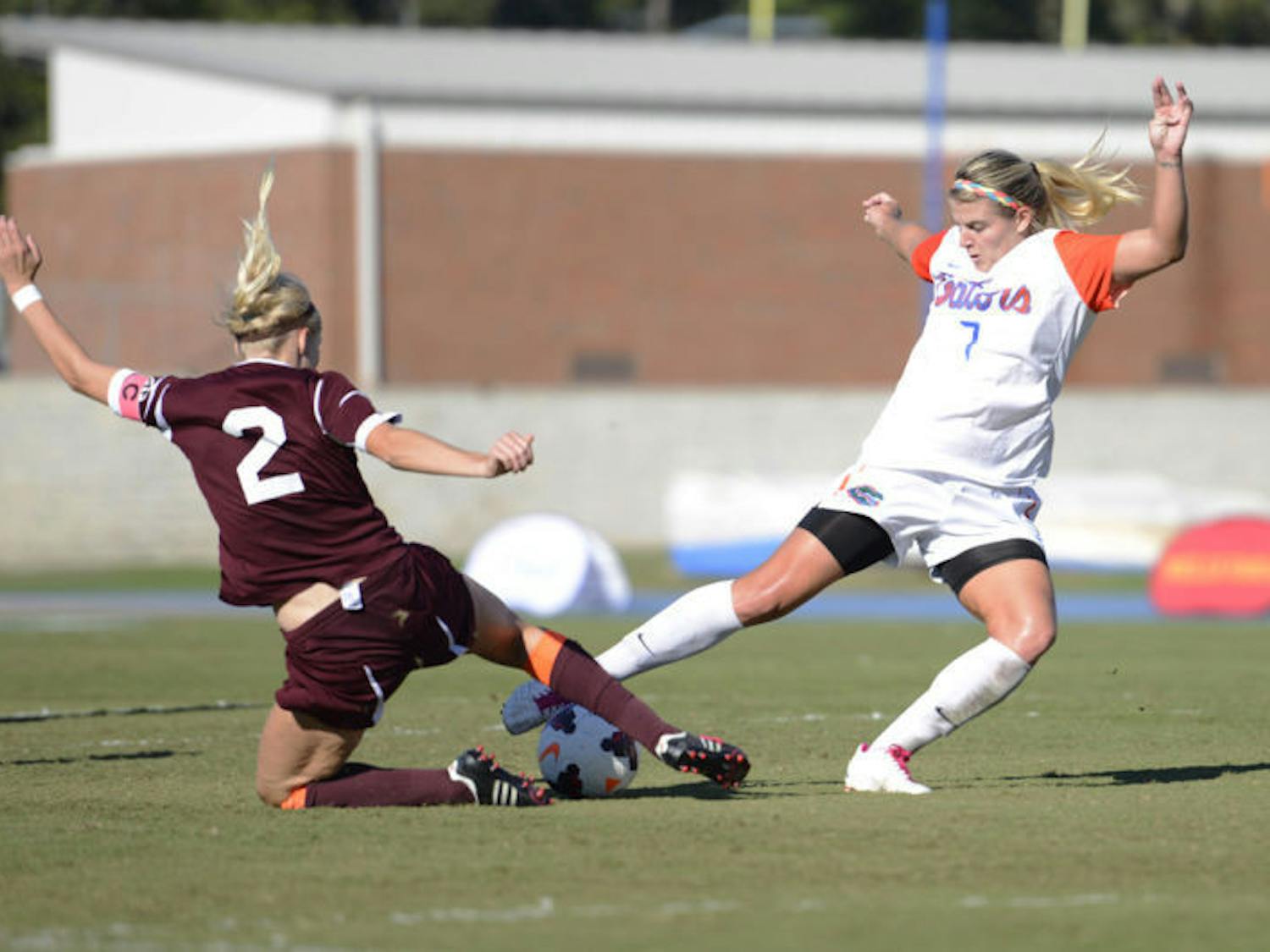 Savannah Jordan battles for the ball during Florida’s 2-0 victory against Texas A&amp;M on Oct. 27 at James G. Pressly Stadium.