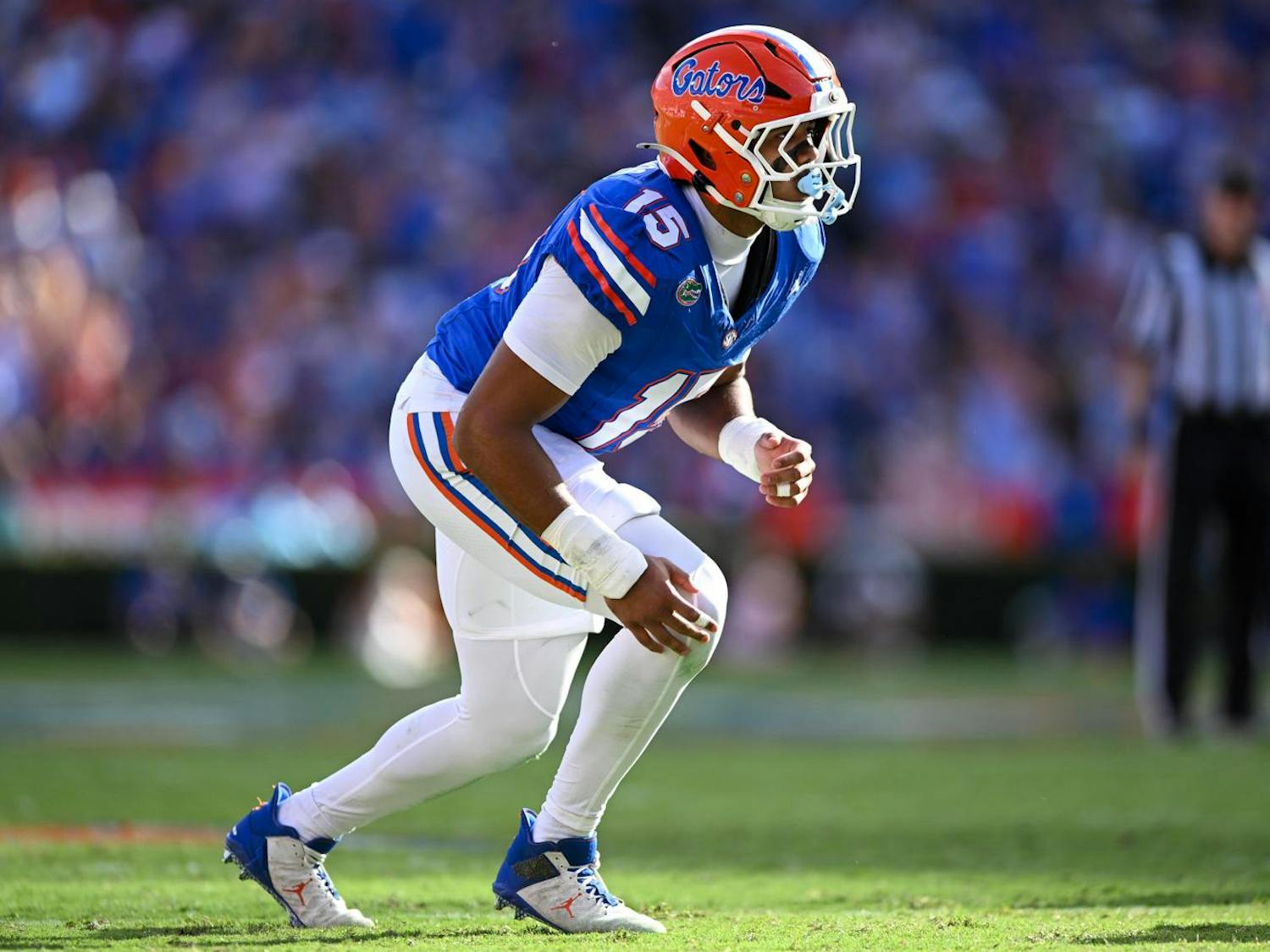 Florida Gators edge rusher Jayden Woods (15) lines up during a football game between the Texas Longhorns and the Florida Gators on Saturday, Oct. 4th, 2025, at Ben Hill Griffin Stadium in Gainesville, Fla.