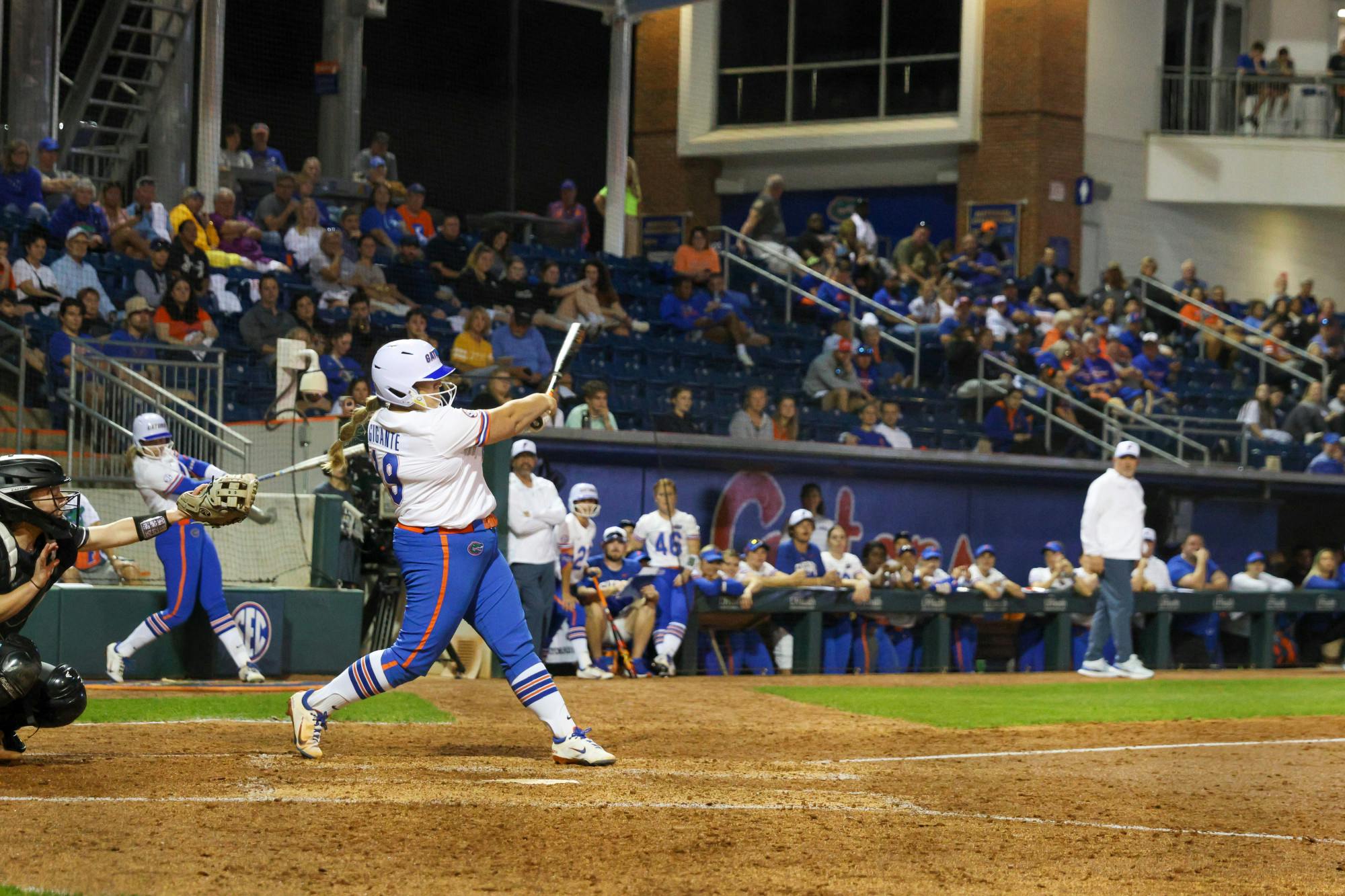 Florida pitcher Olivia Gigante swings her bat in the Gators' 11-0 win against the Jacksonville Dolphins Wednesday, Feb. 15, 2023.
