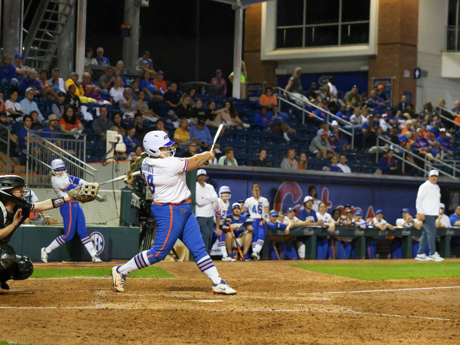 Florida pitcher Olivia Gigante swings her bat in the Gators' 11-0 win against the Jacksonville Dolphins Wednesday, Feb. 15, 2023.