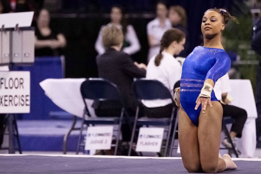 <p>Kytra Hunter performs a floor routine during the NCAA Regionals on April 6, 2013, in the O’Connell Center.</p>