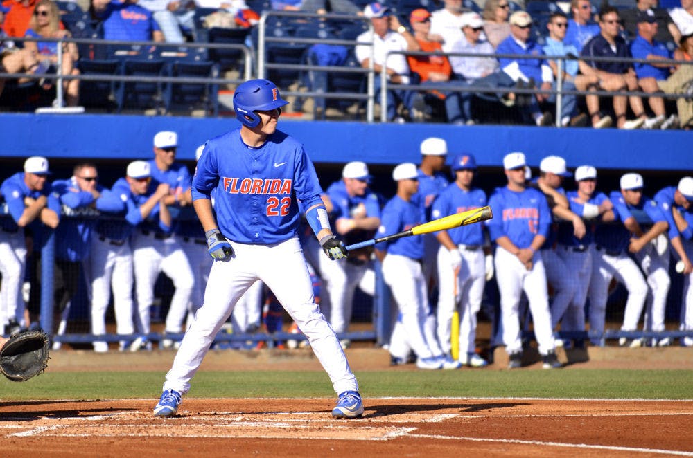 JJ Schwarz readies for a pitch during Florida's 8-4 win over Florida Gulf Coast on Feb. 20, 2016, at McKethan Stadium.