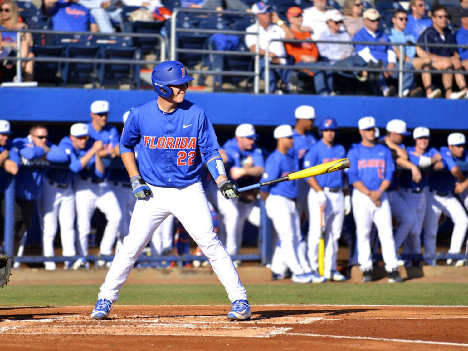 JJ Schwarz readies for a pitch during Florida's 8-4 win over Florida Gulf Coast on Feb. 20, 2016, at McKethan Stadium.