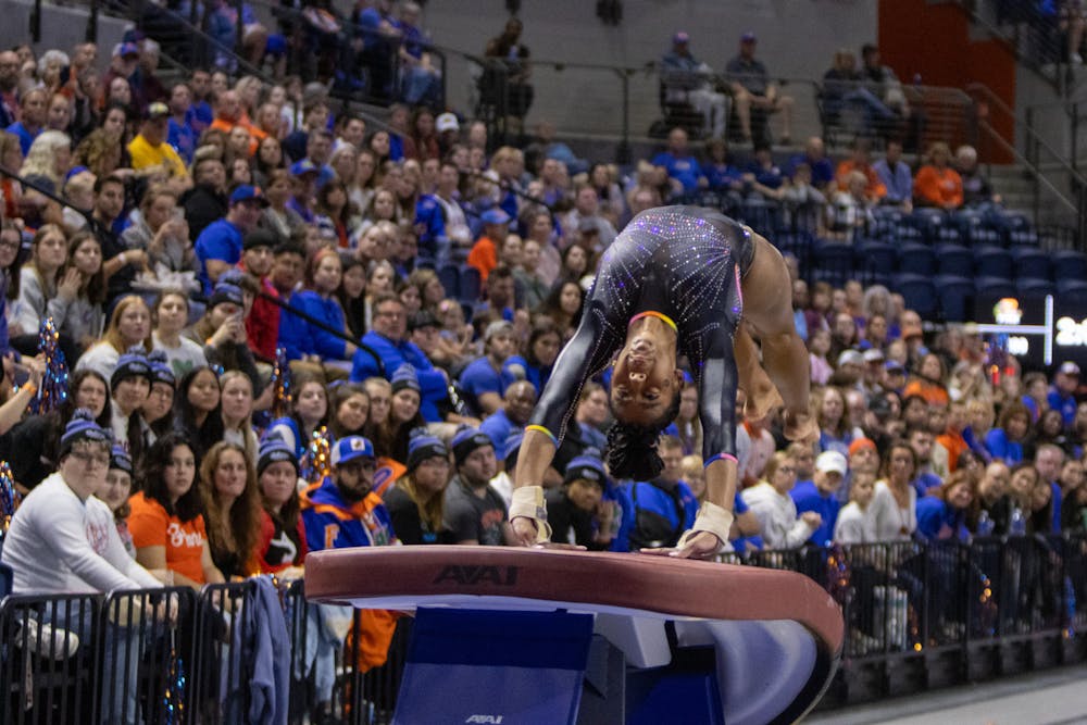  Freshman Anya Pilgrim performs her vault routine in the Gators’ season opener in the Stephen C. O’Connell Center, Friday, Jan. 12, 2024.