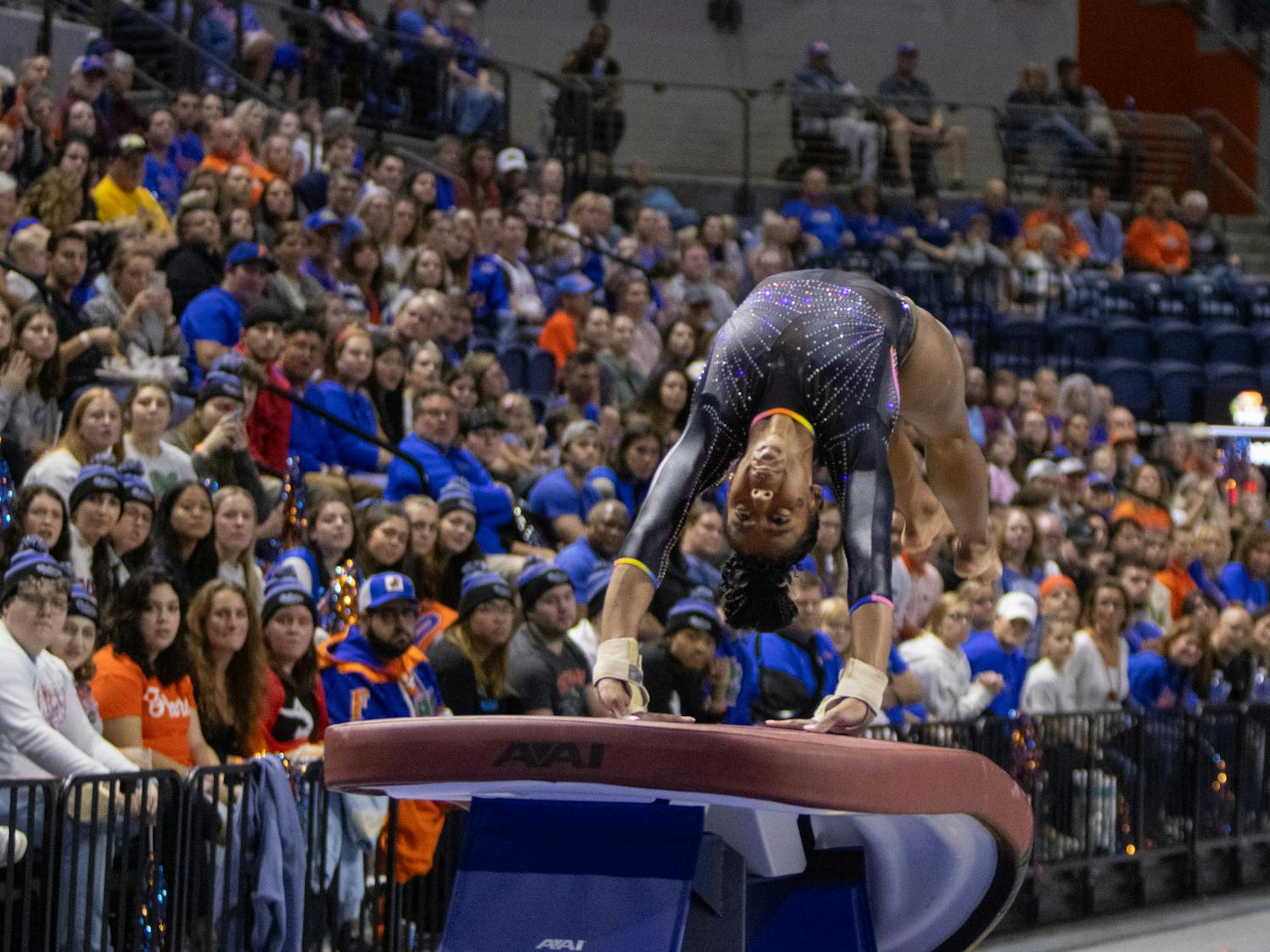 Freshman Anya Pilgrim performs her vault routine in the Gators’ season opener in the Stephen C. O’Connell Center, Friday, Jan. 12, 2024.