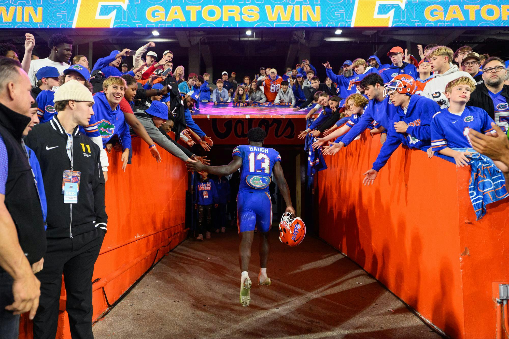 Florida running back Jadan Baugh (13) walks to the locker room after an NCAA college football game against Florida State, Saturday, Nov. 29, 2025, at Ben Hill Griffin Stadium in Gainesville, Fla.