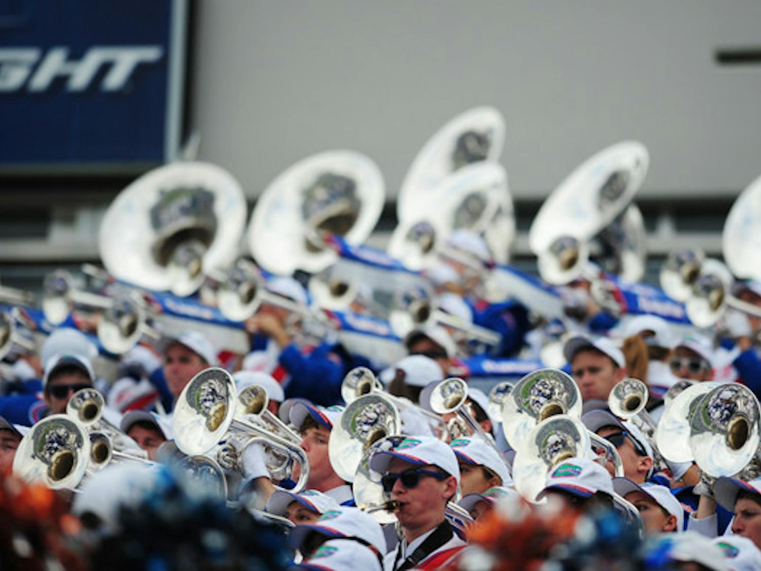 The UF Fightin' Gator Marching Band performs in the stands at the football game against Georgia in Jacksonville on Saturday.