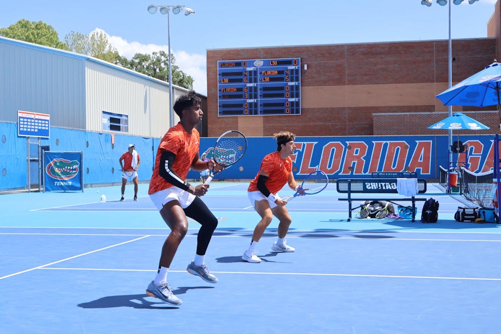 The pair of senior Pablo Perez Ramos and junior Adhithya Ganesan compete in doubles play in Florida tennis' bout against Louisiana State April 4, 2026.