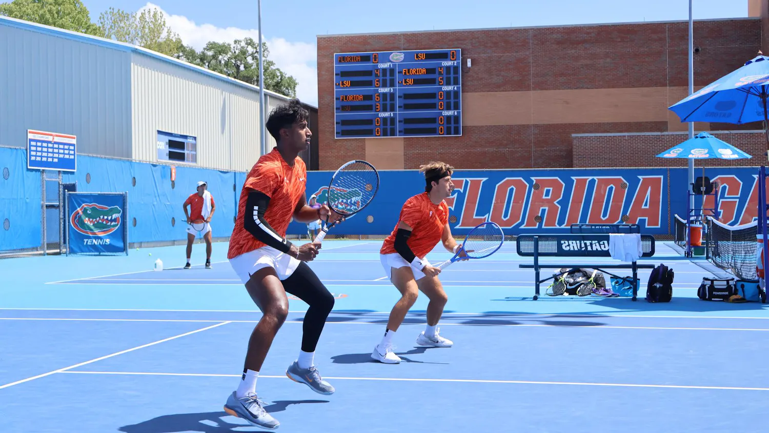 The pair of senior Pablo Perez Ramos and junior Adhithya Ganesan compete in doubles play in Florida tennis' bout against Louisiana State April 4, 2026.