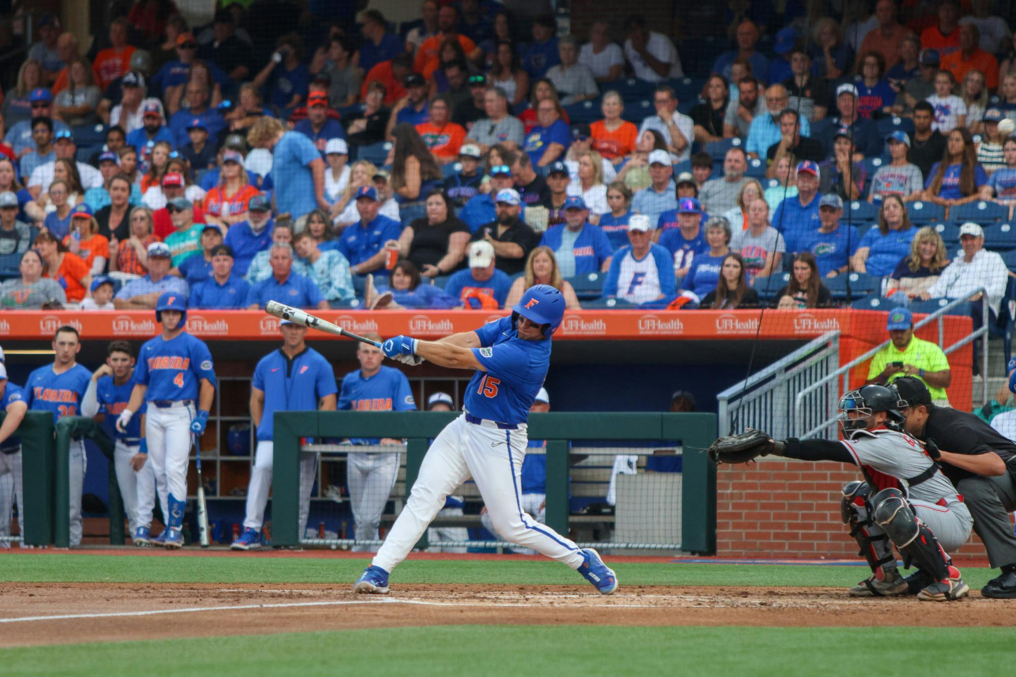 Florida outfielder Wyatt Langford swings his bat during the Gators' 2-1 win against the Georgia Bulldogs Saturday, April 15, 2023.