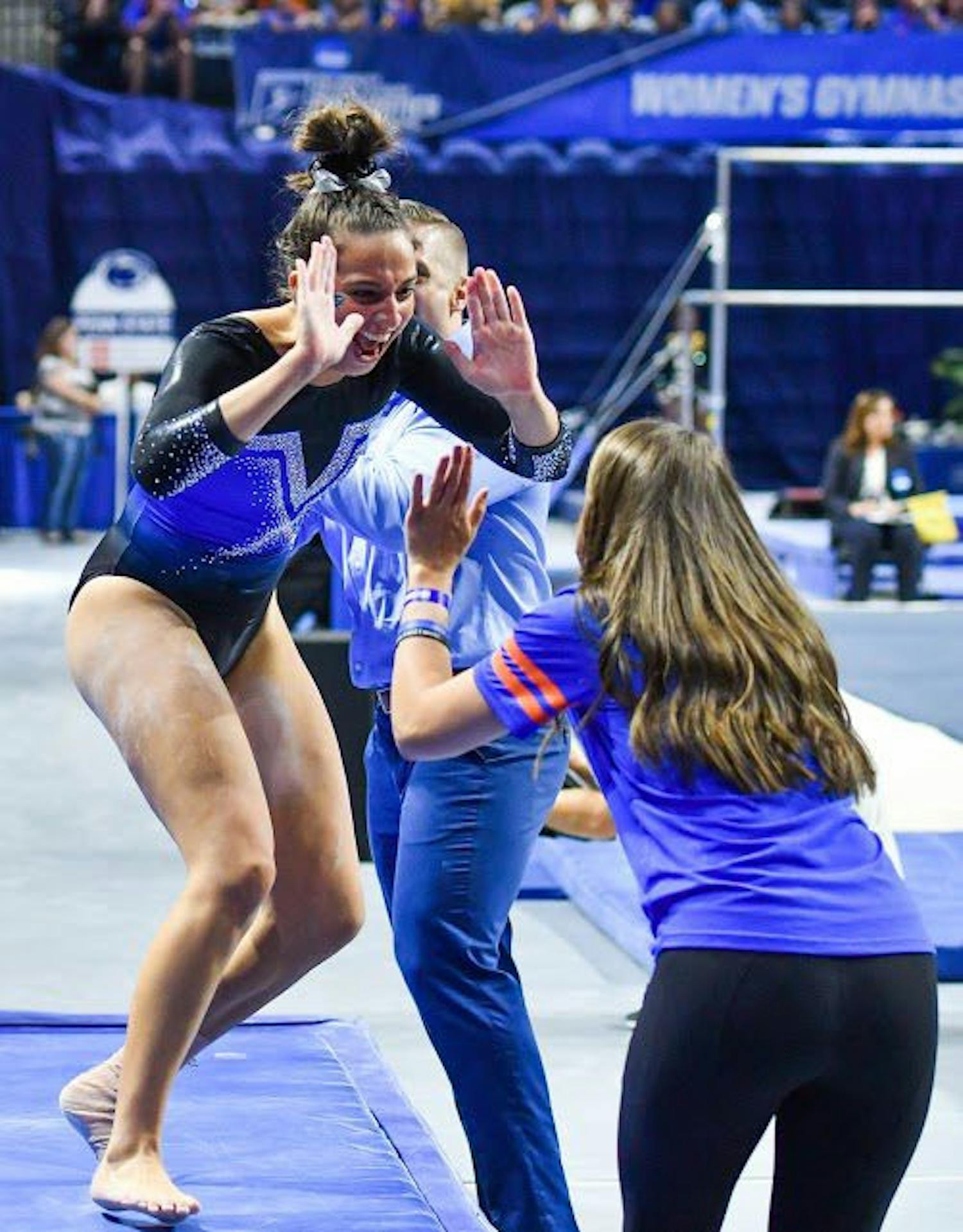 UF gymnast Rachel Slocum celebrates during the NCAA Gainesville Regional on April 1, 2017, in the O'Connell Center.