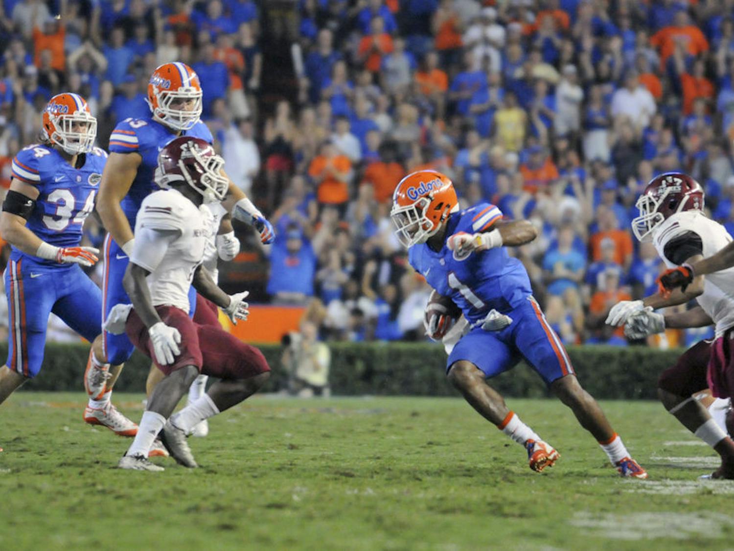 UF cornerback Vernon Hargreaves III returns an interception during Florida’s 61-13 win against New Mexico State on Saturday at Ben Hill Griffin Stadium.