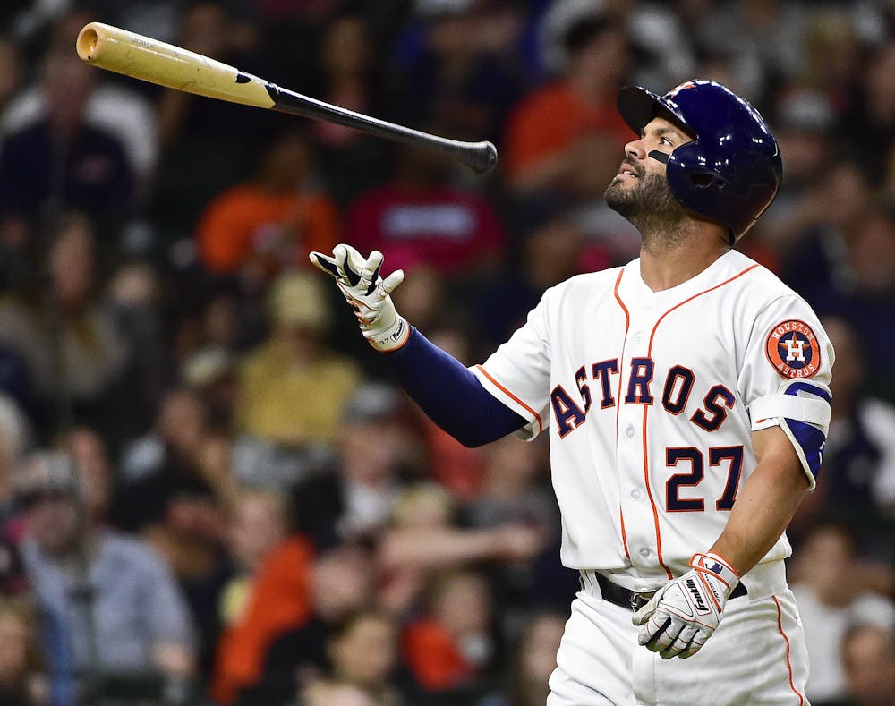 <p>Houston Astros' Jose Altuve flips his bat after striking out in the third inning of a baseball game against the Seattle Mariners, Wednesday, April 5, 2017, in Houston. (AP Photo/Eric Christian Smith)</p>