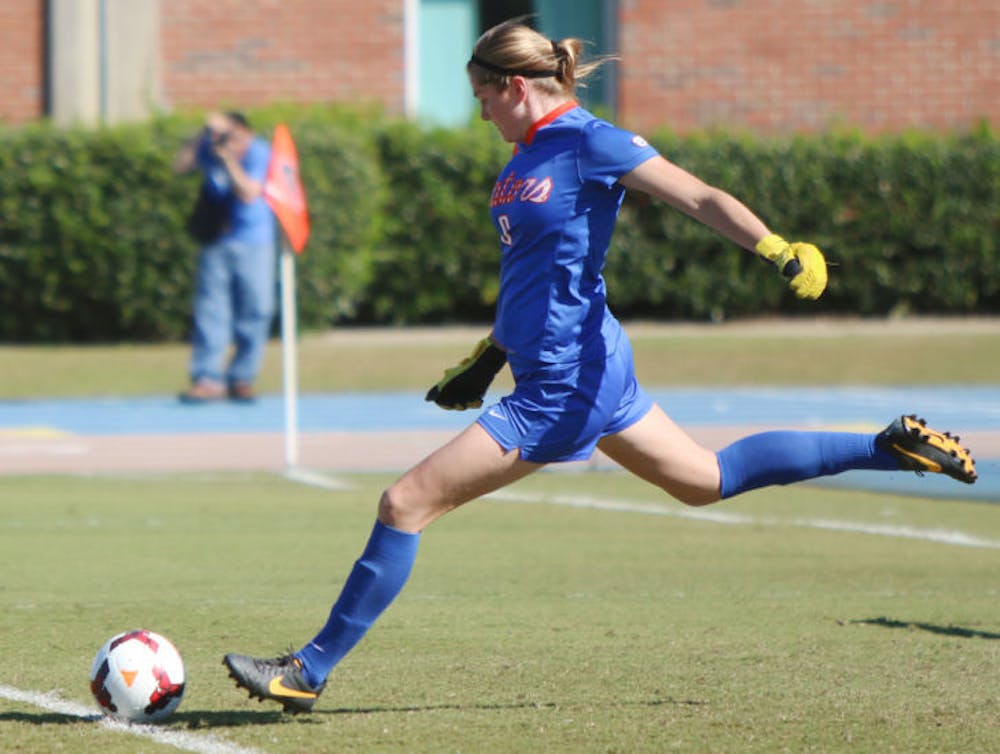 <p>Taylor Burke kicks the ball during Florida’s 2-0 victory against Texas A&amp;M on Sunday at James G. Pressly Stadium. Burke has not allowed a goal in three games against the Bulldogs.</p>