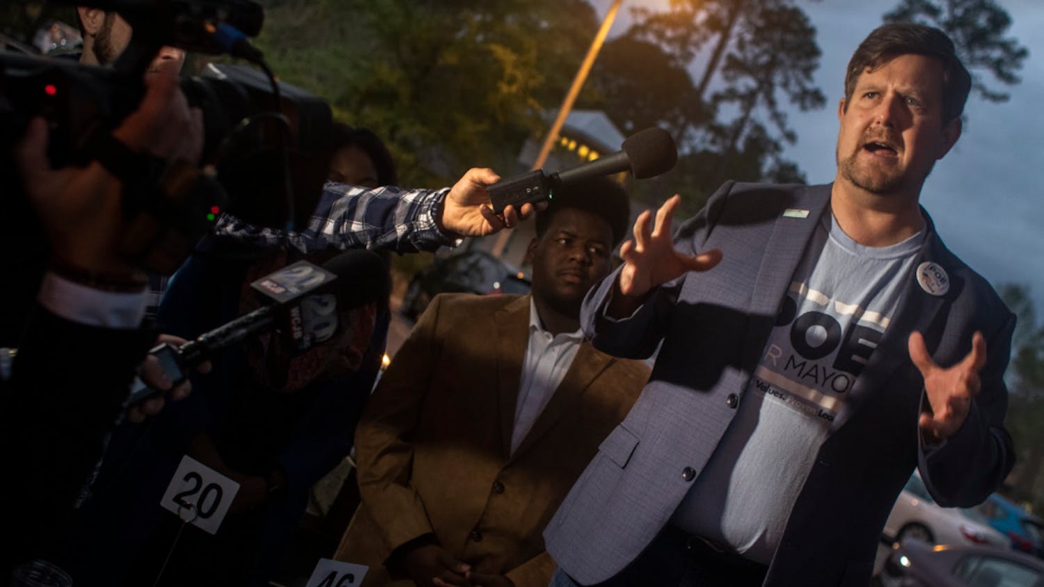 Lauren Poe speaks to a crowd of reporters and about 100 supporters March 20, 2019 at the Public and General restaurant after elections. Poe beat three opponents to win his second term as mayor of Gainesville.
