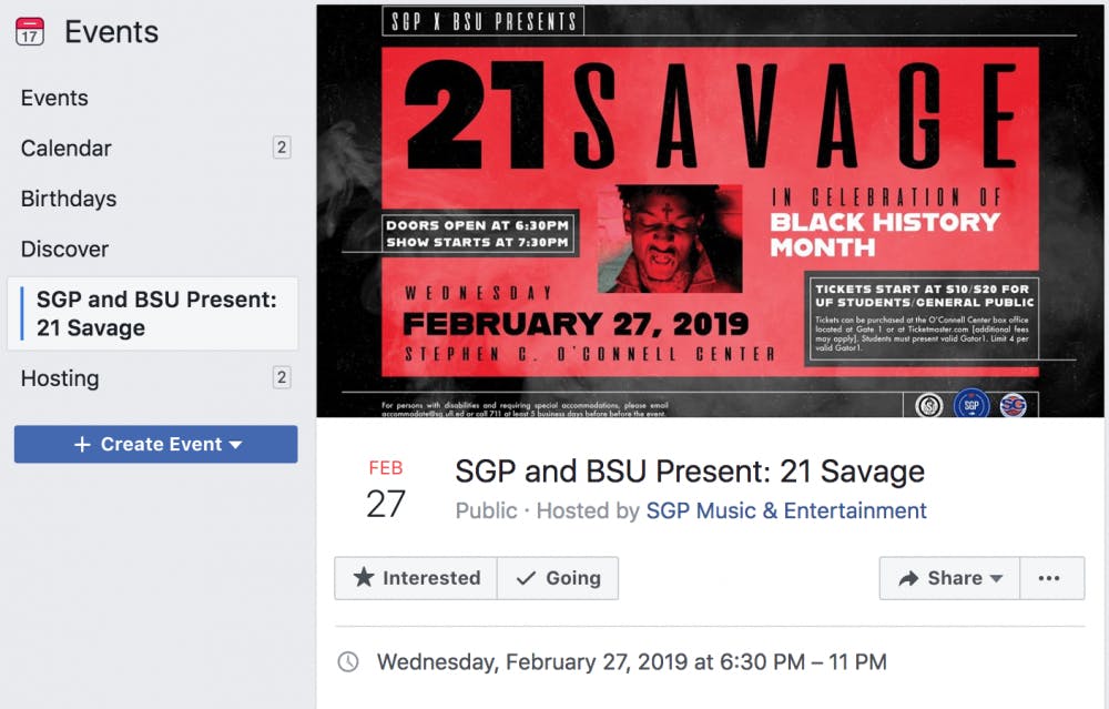 UF Black Student Union and Student Government Productions are hosting rapper 21 Savage to perform during a Black History Month celebration on Feb. 27. A Facebook event page was posted on Thursday.