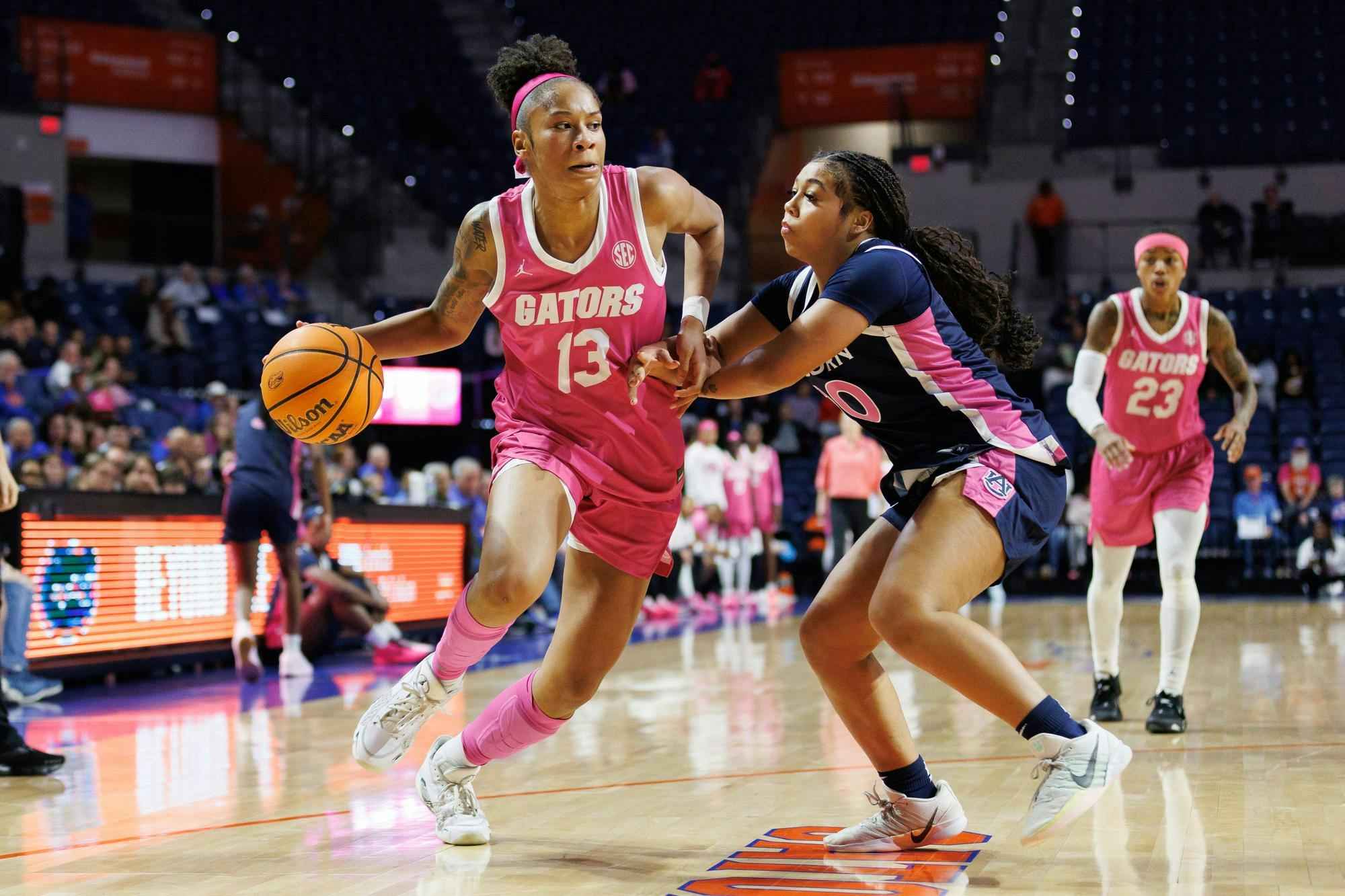 Florida guard Lalia Reynolds (13) dribbles during the first half of an NCAA basketball game against Auburn, Thursday, Feb. 5, 2026, in Gainesville, Fla.