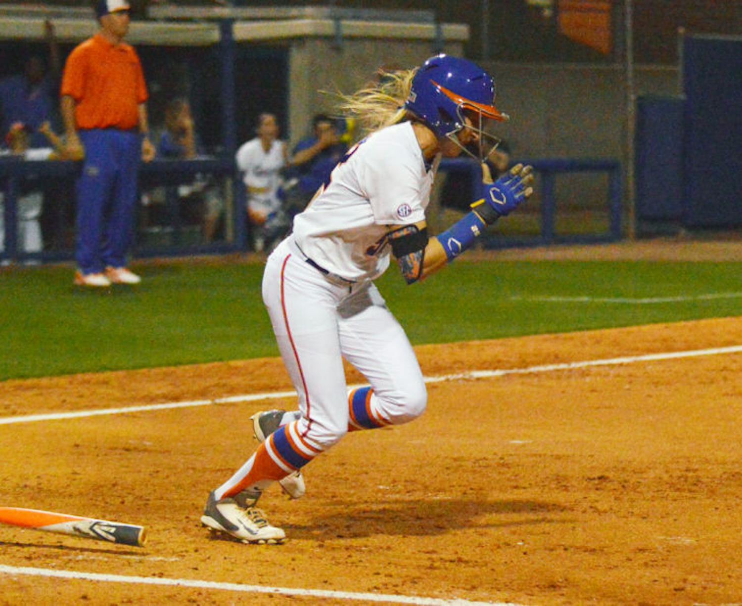 Justine McLean runs toward first base during Florida’s 6-0 win against Jacksonville on Feb. 19 at Katie Seashole Pressly Stadium. McLean leads the Gators with a .412 batting average.