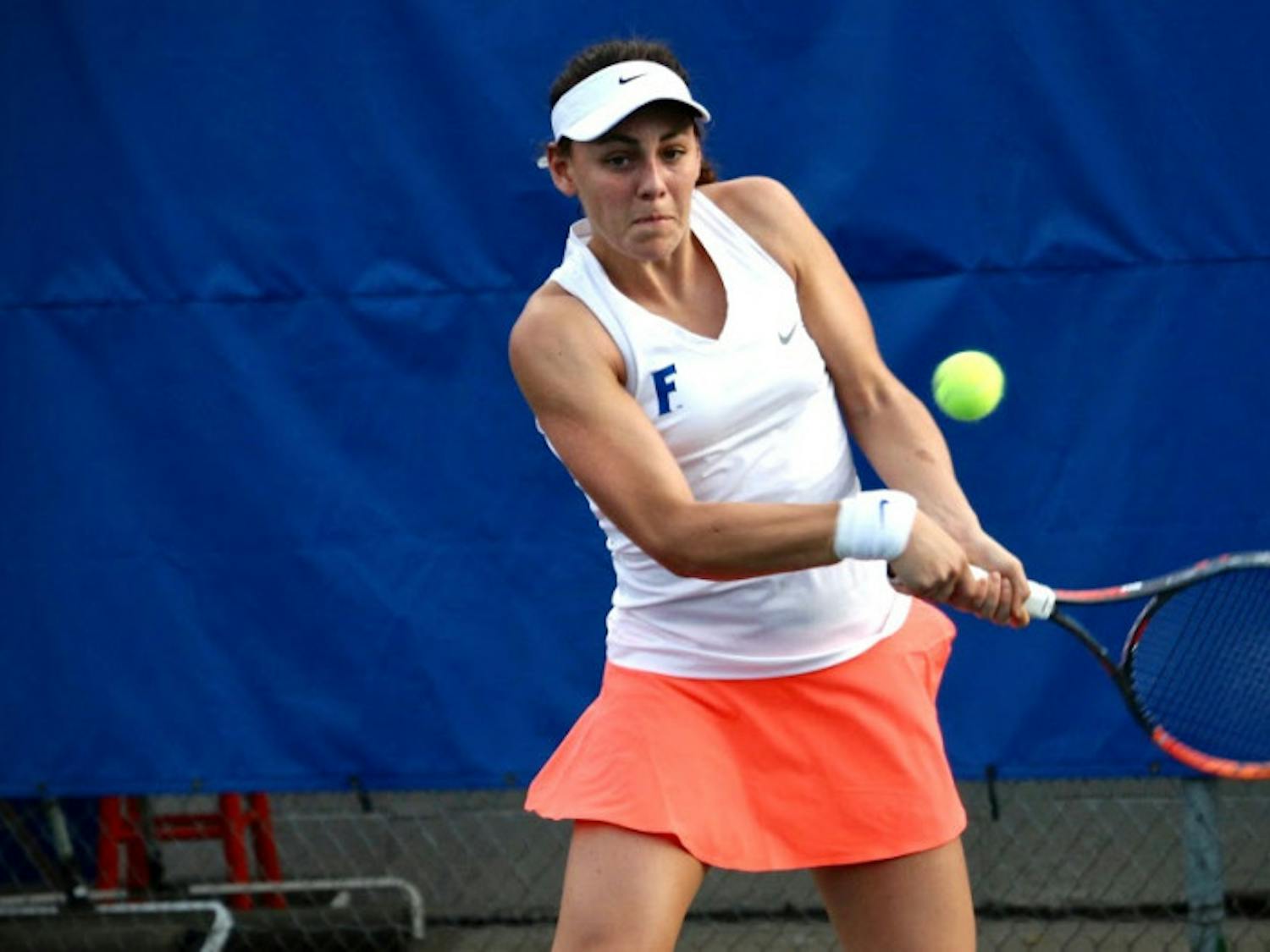 UF's Ingrid Neel hits a backhand during Florida's 4-2 win against Oklahoma State on Feb. 18, 2017, at the Ring Tennis Complex.