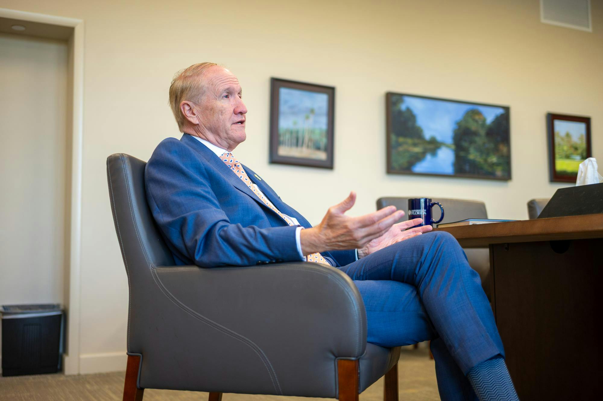 UF President Dr. Stuart Bell speaks during an interview in the Presidential Conference Room at Tigert Hall, Thursday, Aug. 14, 2026, in Gainesville, Fla.