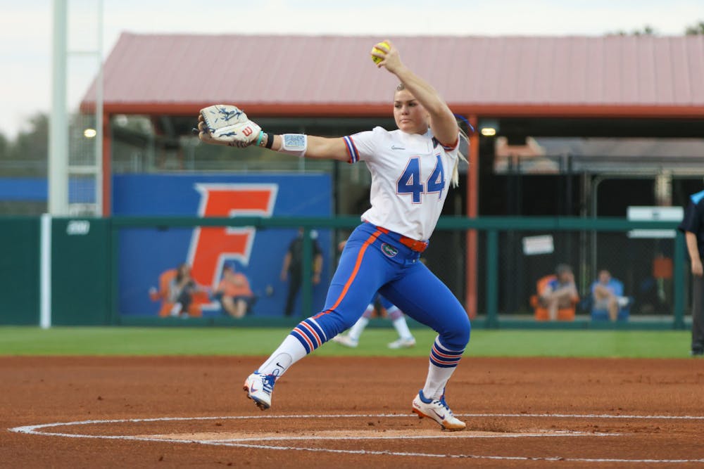 Florida pitcher Rylee Trlicek pitches the ball in the Gators' 11-0 win against the Jacksonville Dolphins Wednesday, Feb. 15, 2023.