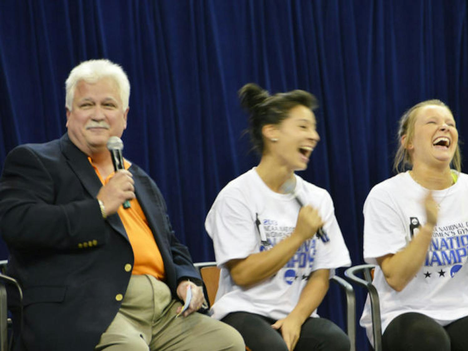 UF’s Gymnastics team celebrates its victory at the Stephen C. O’Connell Center on Monday evening. The team won first place at the national championships held in Los Angeles. They’re one of five teams to ever win a national championship in gymnastics.