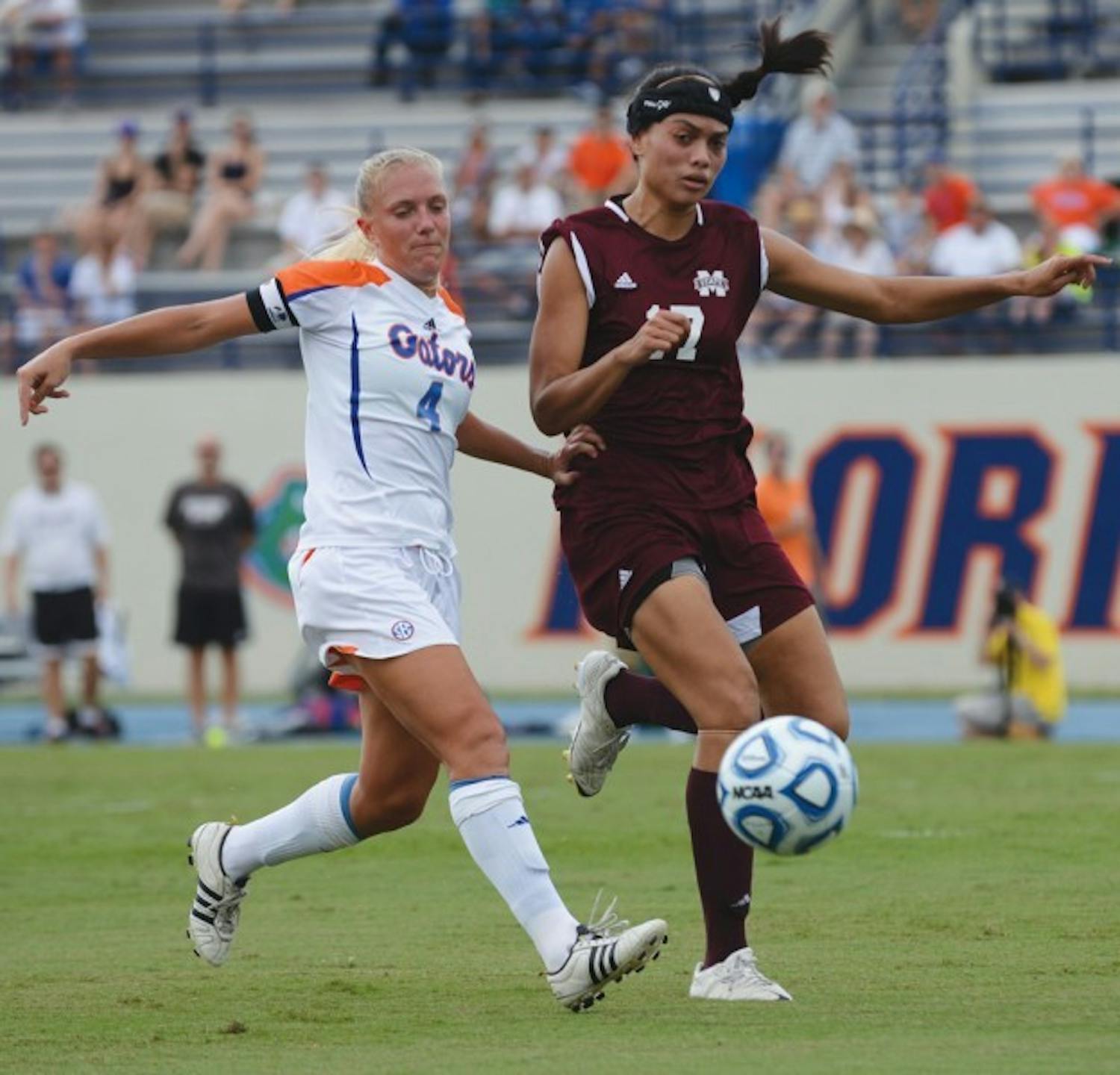Forward McKenzie Barney (4) battles for the ball against Mississippi State’s Shannen Jainudeen (17) in Florida’s 4-1 win on Sunday at James G. Pressly Stadium. Barney has scored five goals this season.