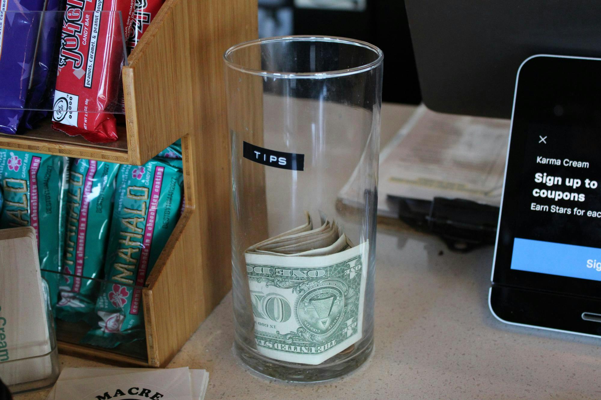 A tip jar at Karma Cream, Tuesday, August 18, 2026, in Gainesville, Fla.