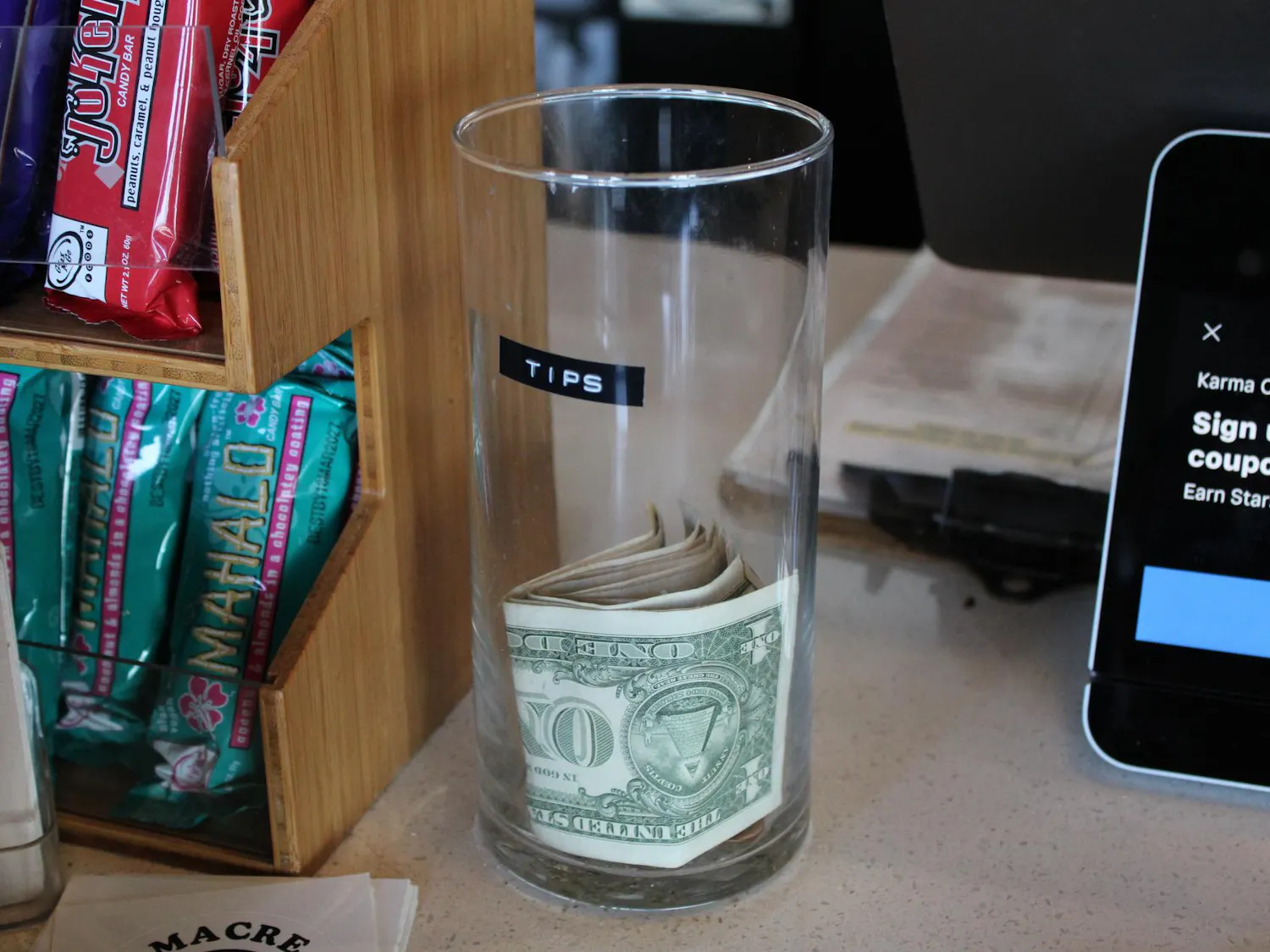 A tip jar at Karma Cream, Tuesday, August 18, 2026, in Gainesville, Fla.